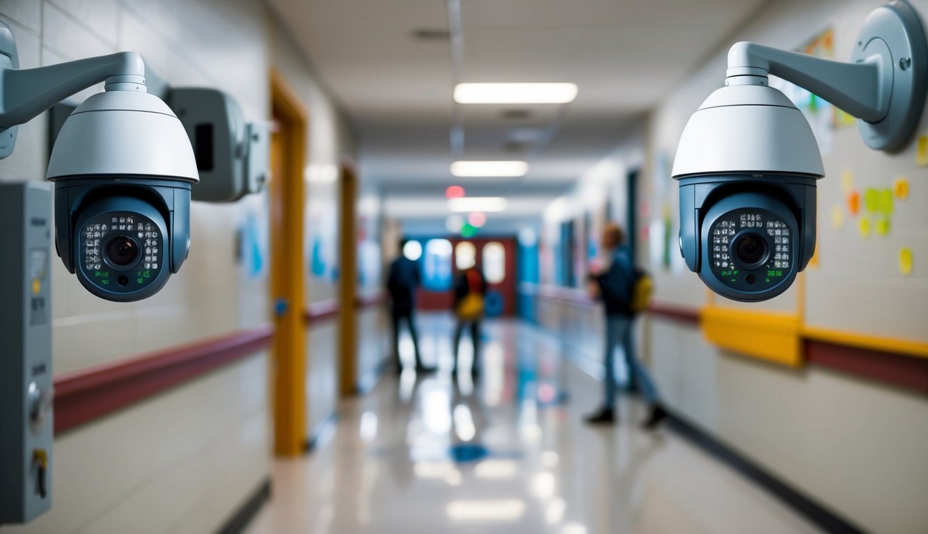 v2 q9bnu 1s22i A school hallway with multiple security cameras and a web filtering system in place