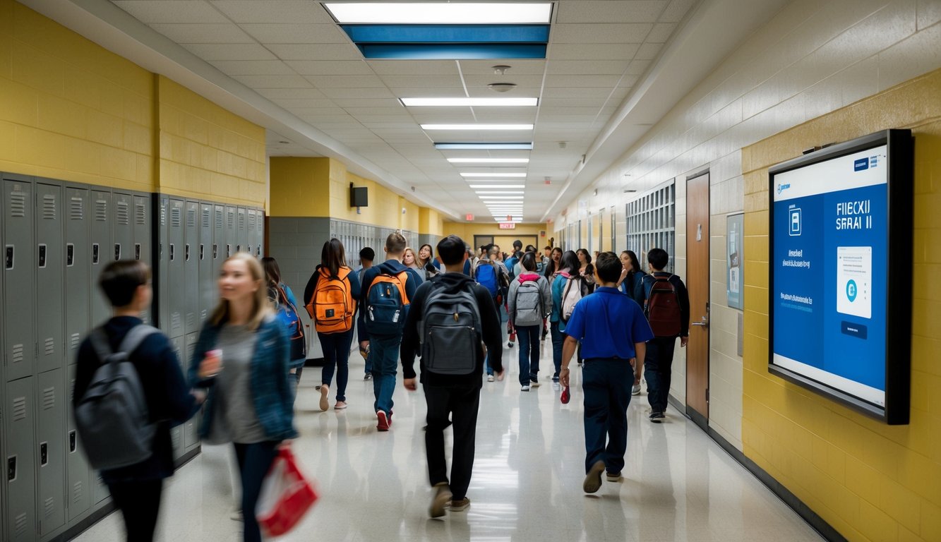 v2 q9bo4 iaj52 A bustling school hallway with students and teachers moving between classes, lockers lining the walls, and a digital check-in system displayed on a nearby screen