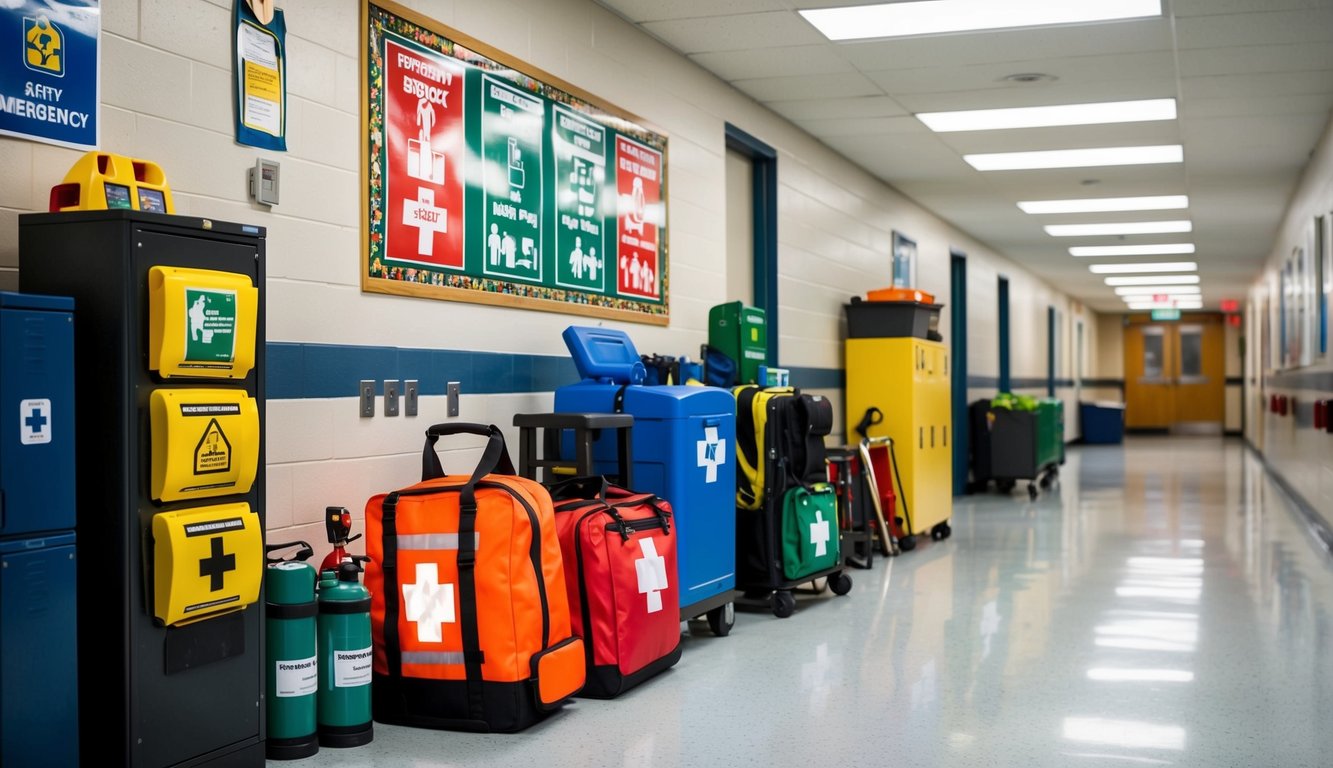v2 q9boi sdv1r A school hallway with safety equipment, emergency kits, and health posters prominently displayed