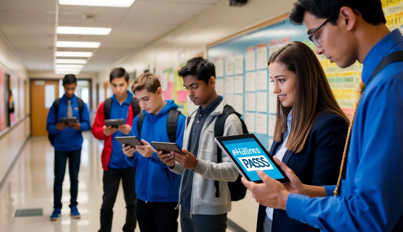 v2 q9bot k5h8c A school hallway with students using digital hall passes on tablets, while a teacher looks on with a list of alternative eHallpass options