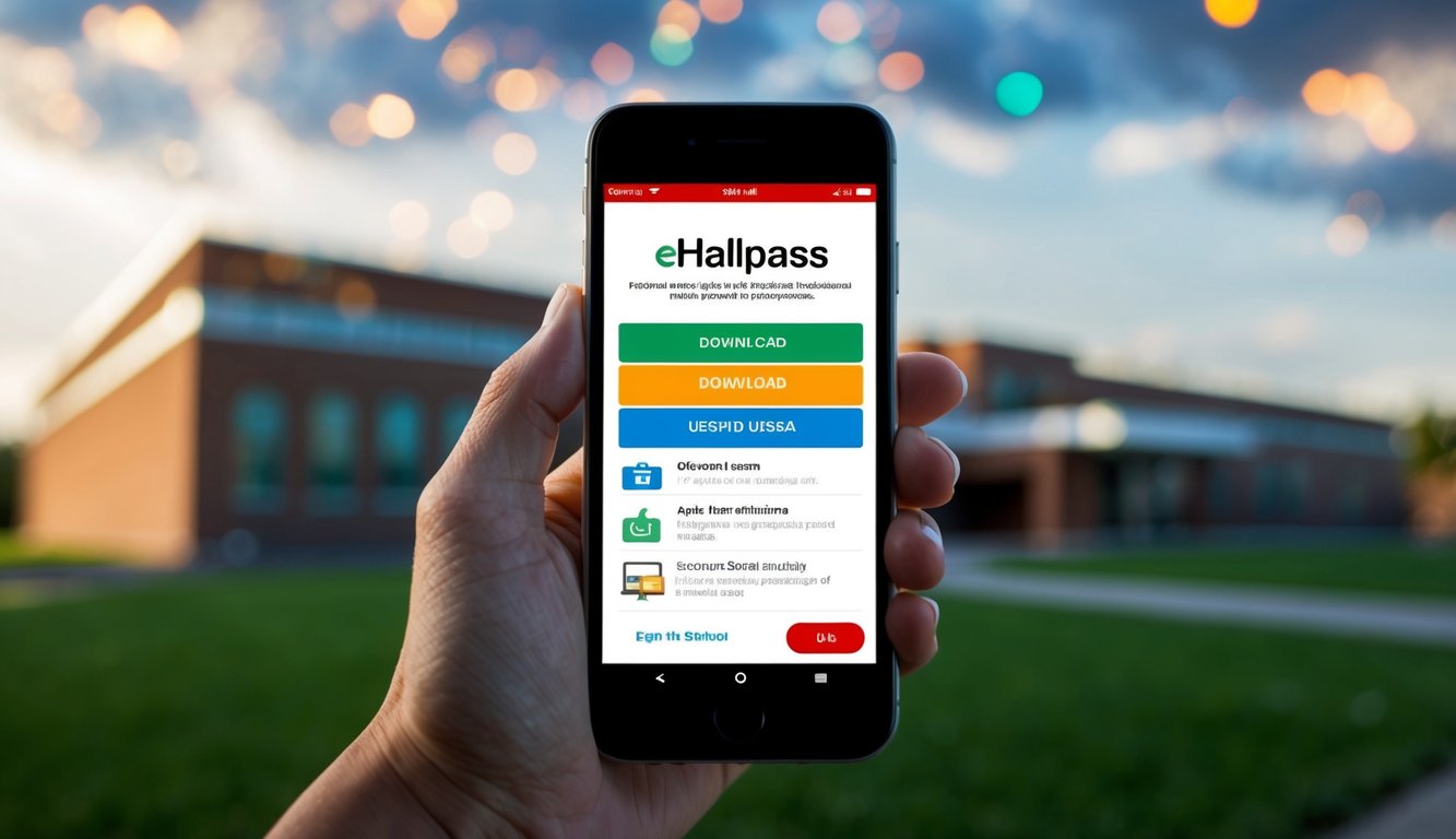 v2 q9bpw A smartphone with the eHallpass app open, showing the download and usage process, with a school building in the background