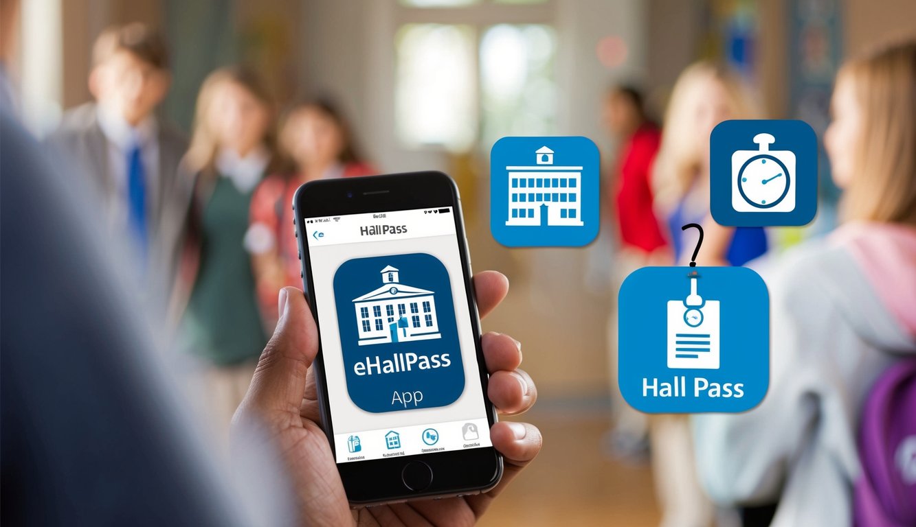 v2 q9bq5 q486f A smartphone with the eHallpass app displayed on the screen, surrounded by icons of a school building, a clock, and a hall pass