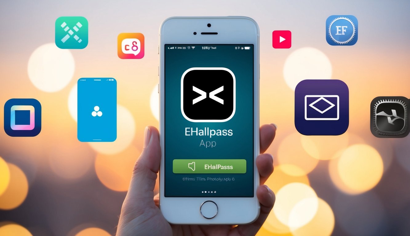 v2 q9bqg wjvrc A smartphone with the eHallpass app icon displayed on the screen, surrounded by other app icons