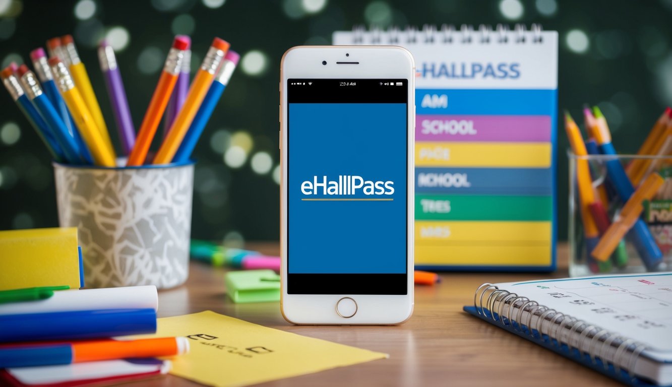 v2 q9bqq A smartphone with the eHallpass app displayed on the screen, surrounded by school supplies and a desk calendar