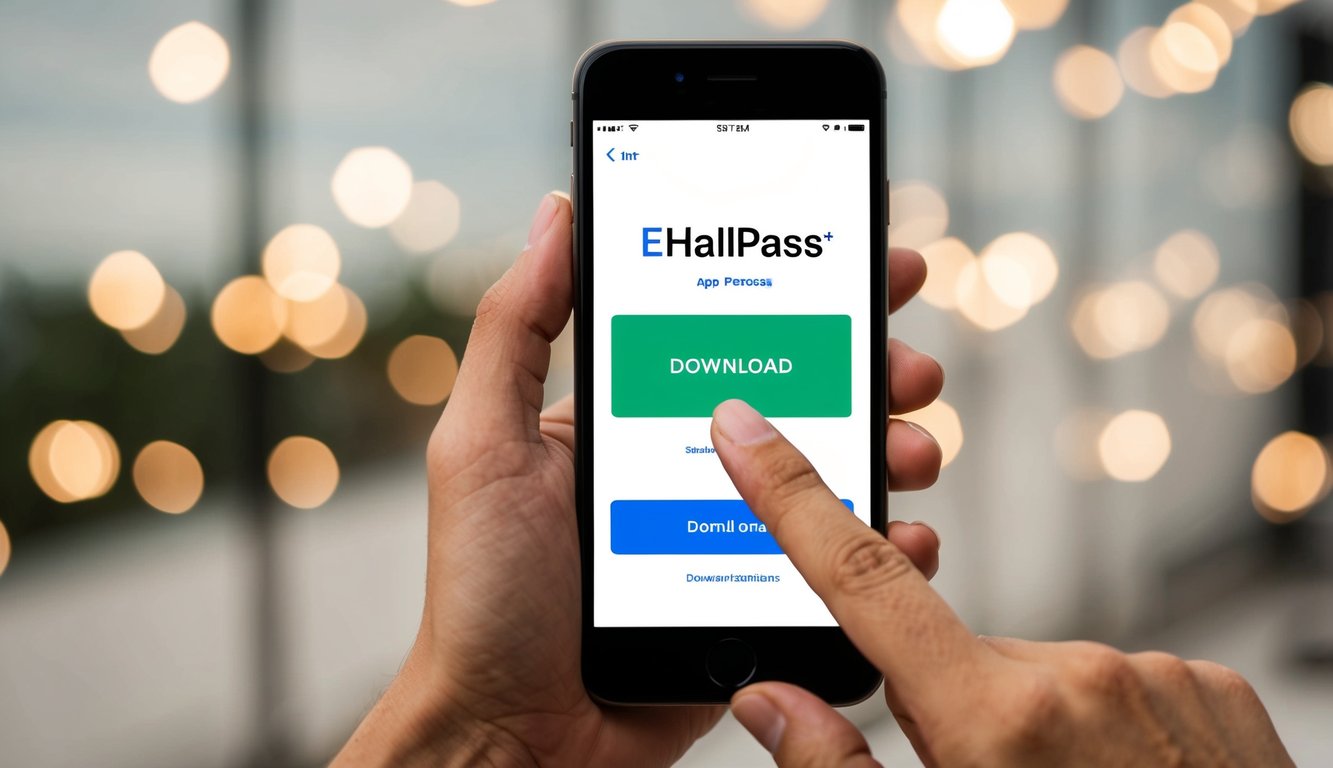 v2 q9br2 izjlu A smartphone displaying the eHallpass app on the screen, with a hand reaching out to tap the download button