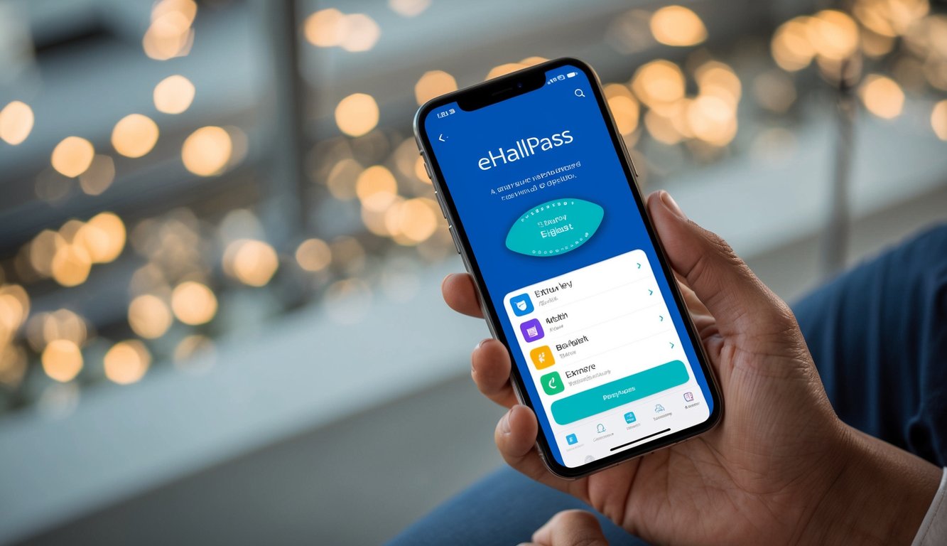 v2 q9brk whzdm A smartphone displaying the eHallpass app with various advanced features and accessibility options