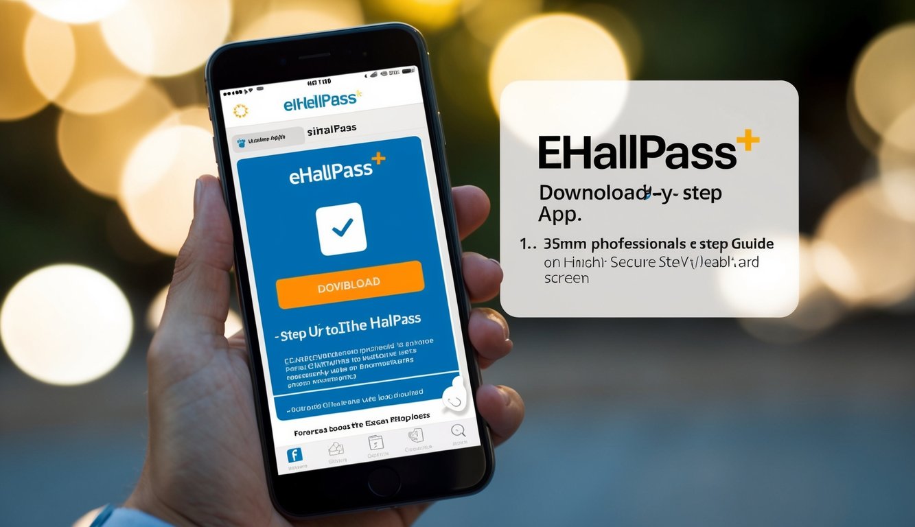 v2 q9brx 28dil A smartphone displaying the eHallpass app being downloaded and used, with a step-by-step guide on the screen