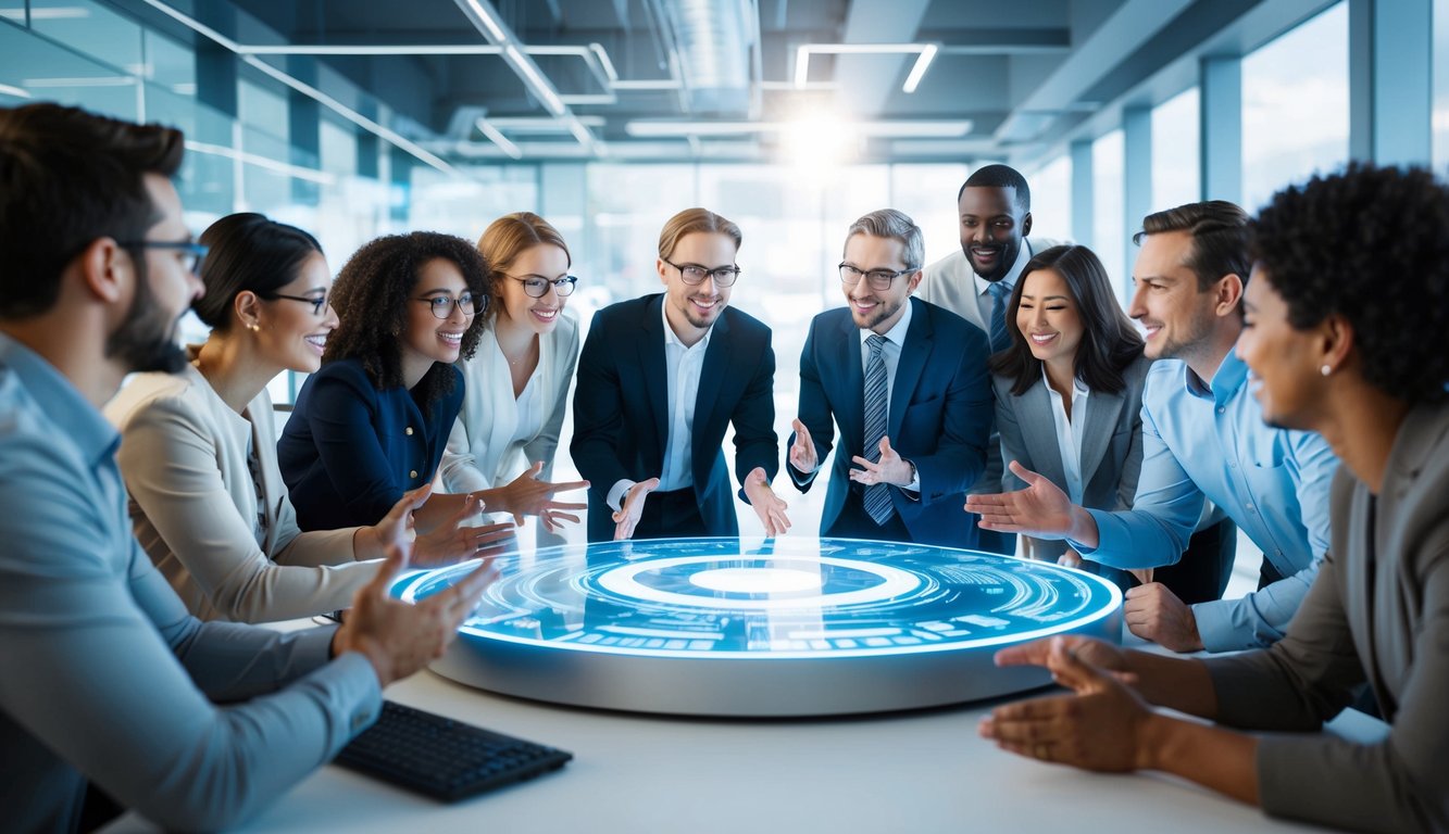 v2 q9bt5 zg5ub A group of diverse people are gathered around a futuristic holographic display, gesturing and discussing animatedly. The room is filled with modern technology and a sense of excitement