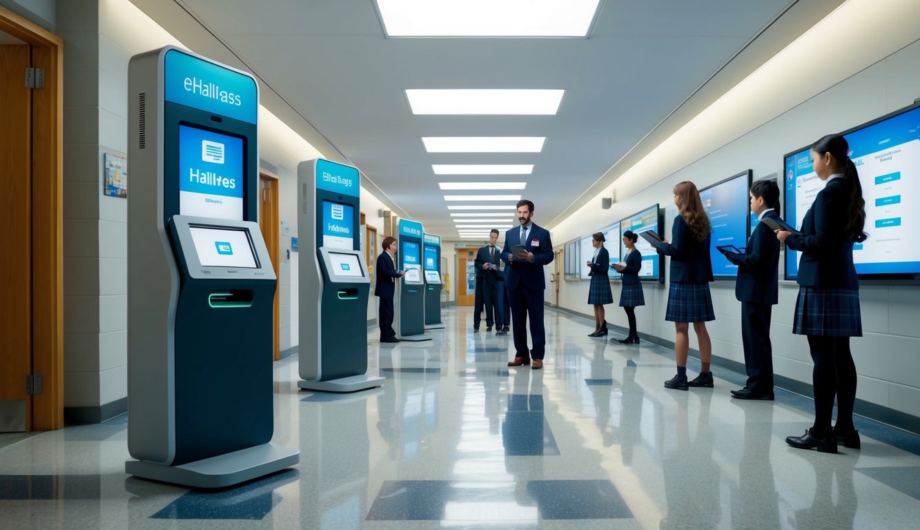 v2 q9btf l3d97 A futuristic school hallway with digital eHallpass kiosks and students using tablets, while teachers monitor the system on their smartboards