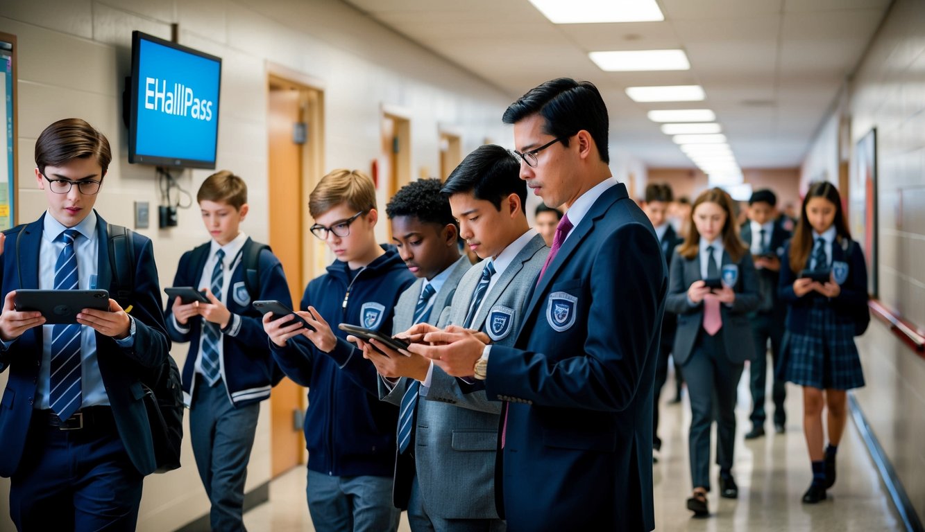 v2 q9bts A bustling school hallway with students using eHallpass on their devices, while teachers monitor the system on their own screens