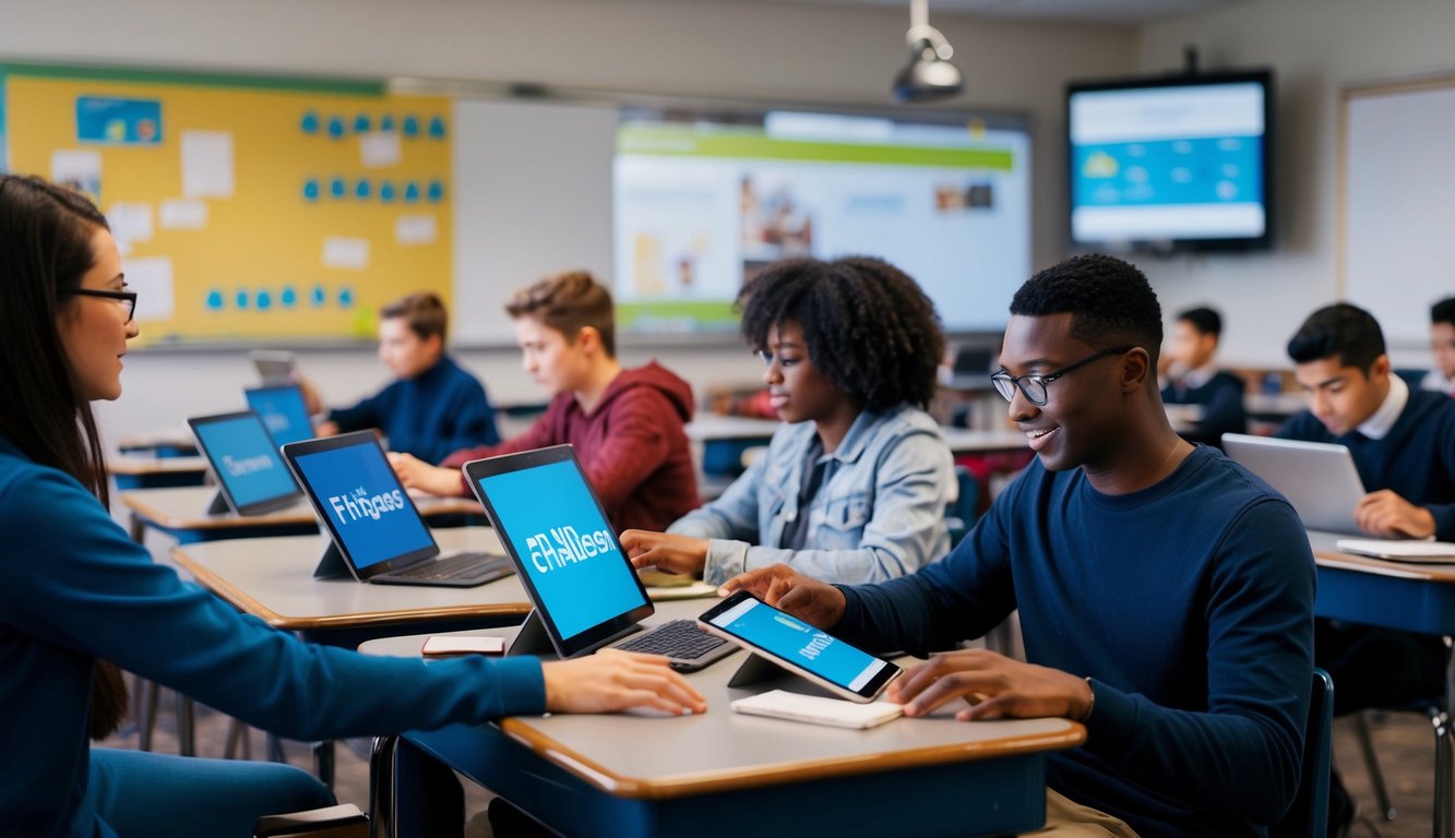 v2 q9bu5 3ww9o A classroom setting with students using digital devices, interacting with customizable eHallpass features