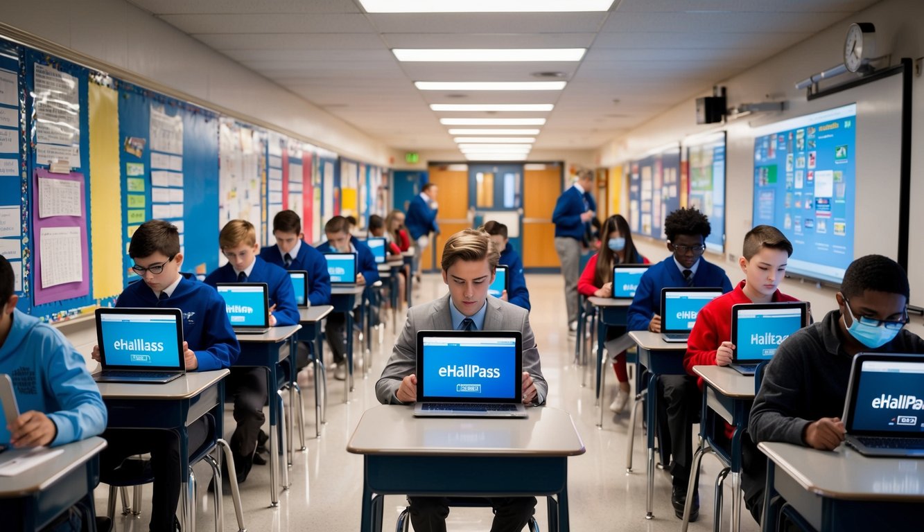 v2 q9buh r0a1l A bustling school hallway with students using eHallpass on their devices while teachers monitor the digital system from their classrooms