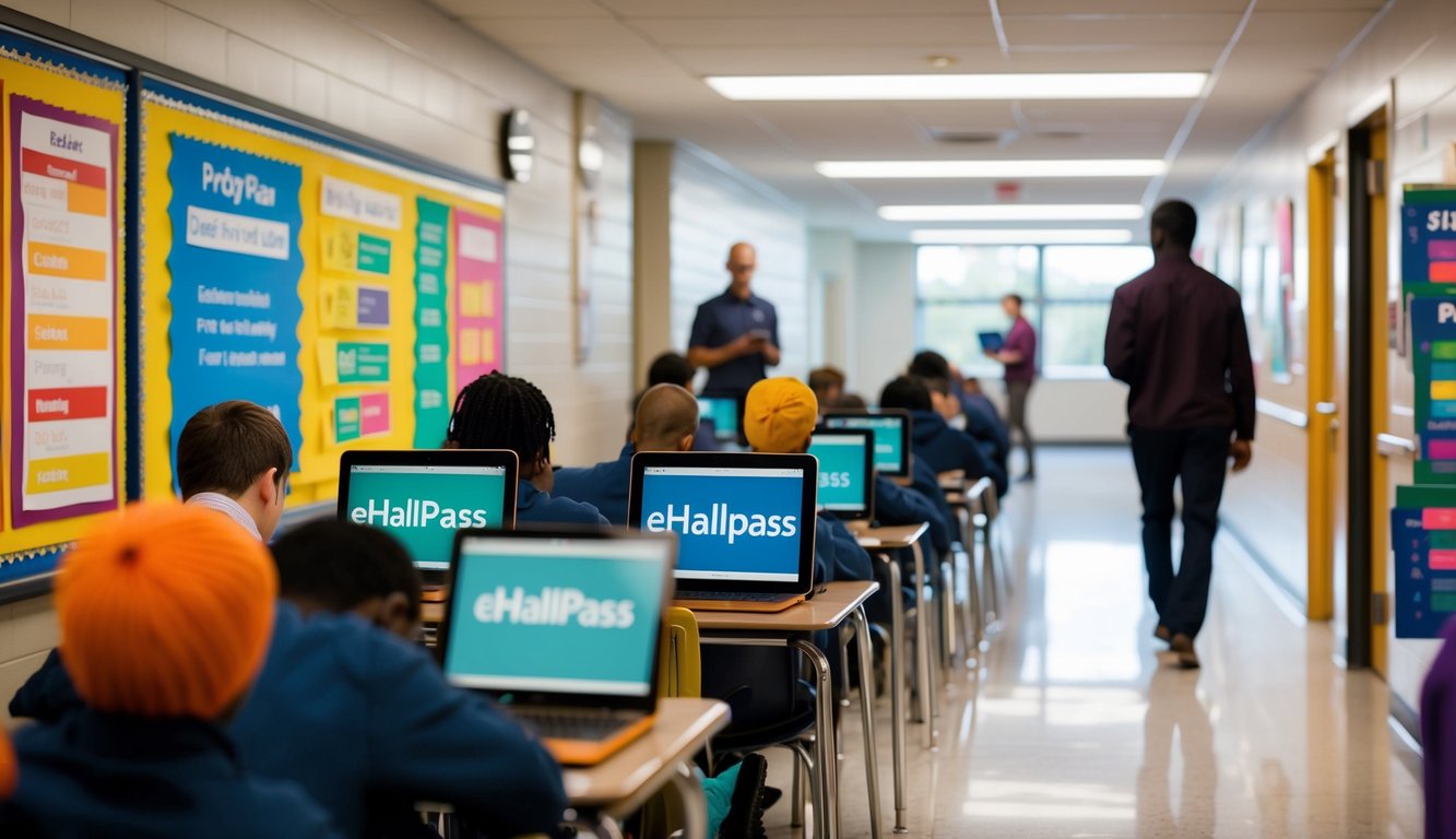 v2 q9bxg ycq2p A busy school hallway with students using eHallpass on their devices, a teacher monitoring from a distance, and a colorful display of pricing plans on a nearby noticeboard