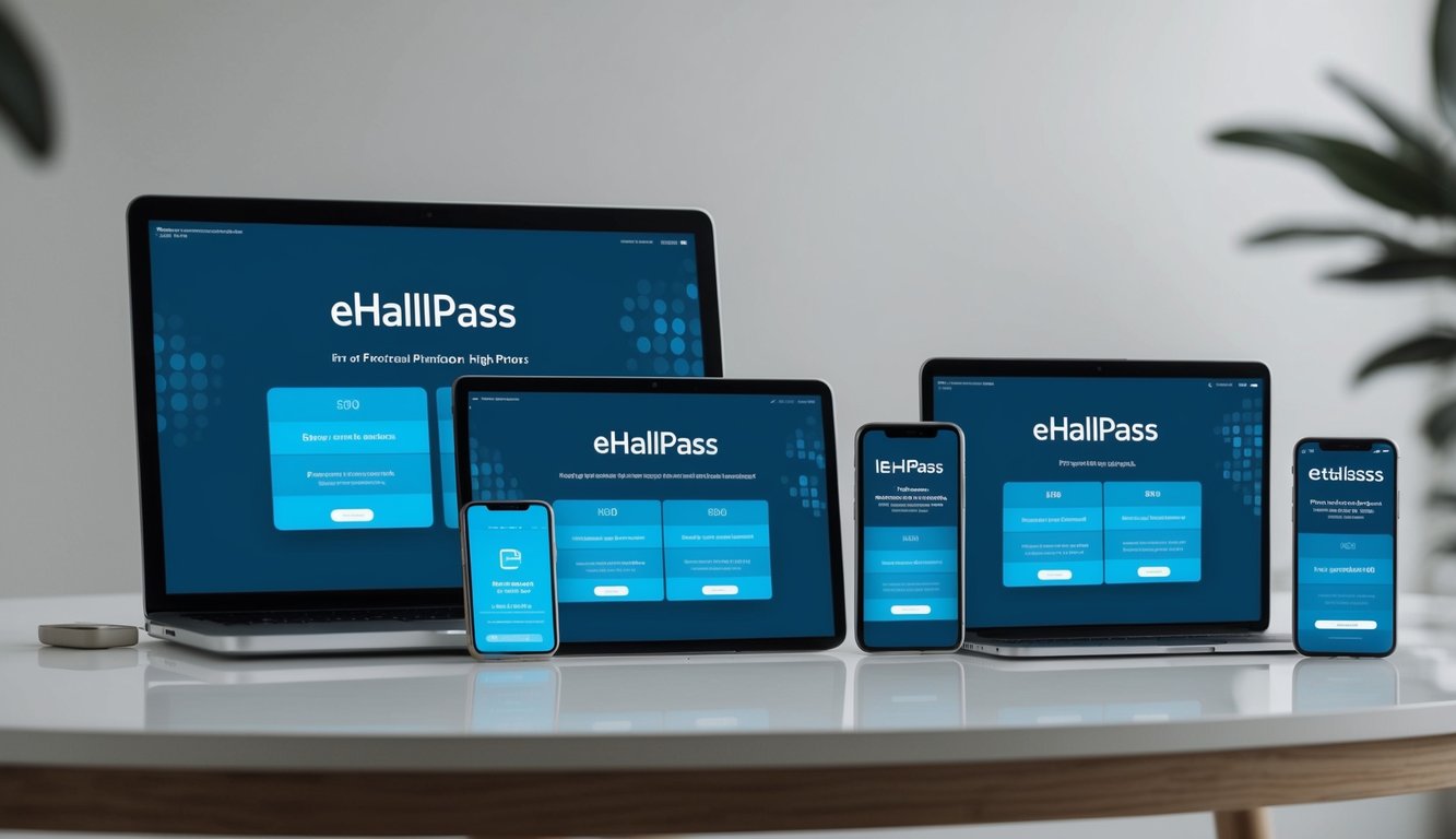 v2 q9bxq 2c4h9 A group of digital devices displaying eHallpass features and pricing plans in a modern, minimalist setting