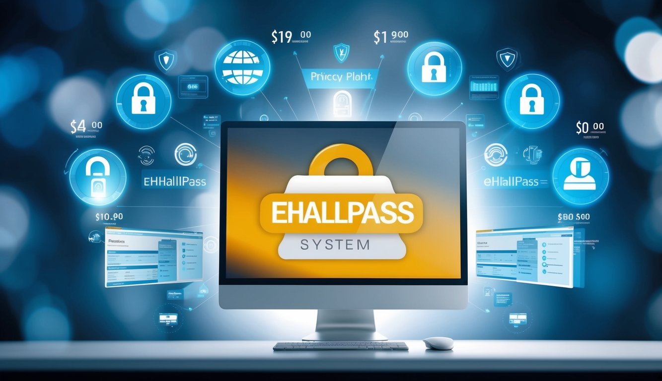 v2 q9by4 A secure eHallpass system with privacy features, displayed on a computer screen with pricing plans, surrounded by digital security symbols