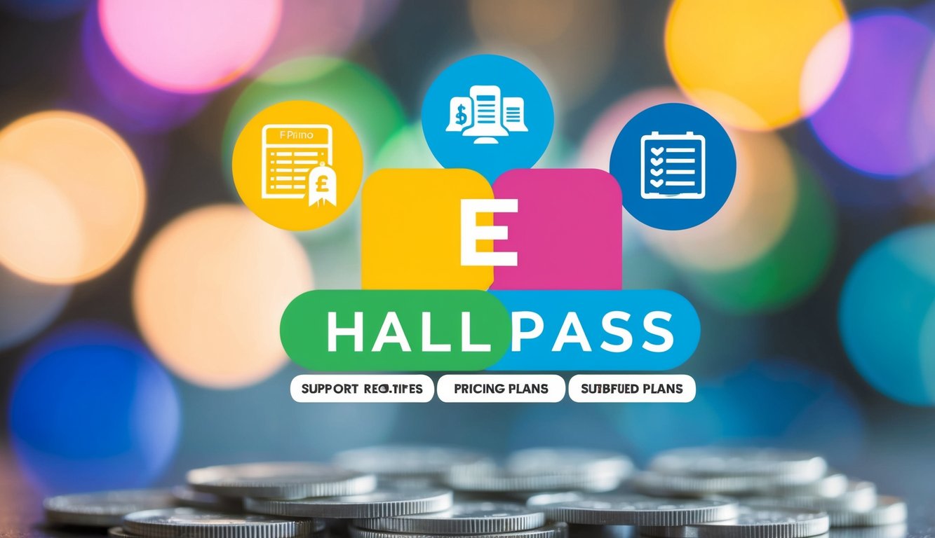 v2 q9byz 0ig9e A brightly colored eHallpass logo surrounded by various support and resource symbols, with pricing plans displayed below