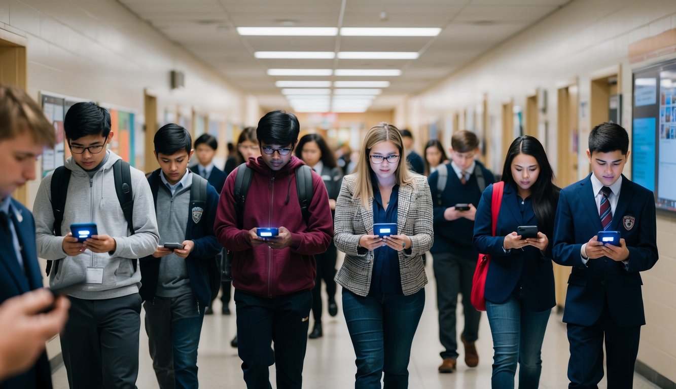 v2 q9c0n 6hb7q A bustling school hallway with students using eHallpass on their devices, while teachers monitor and manage the digital hall pass system