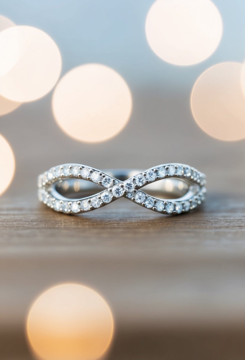 A sparkling pavé band wraps around an infinity symbol, creating an elegant engagement ring design