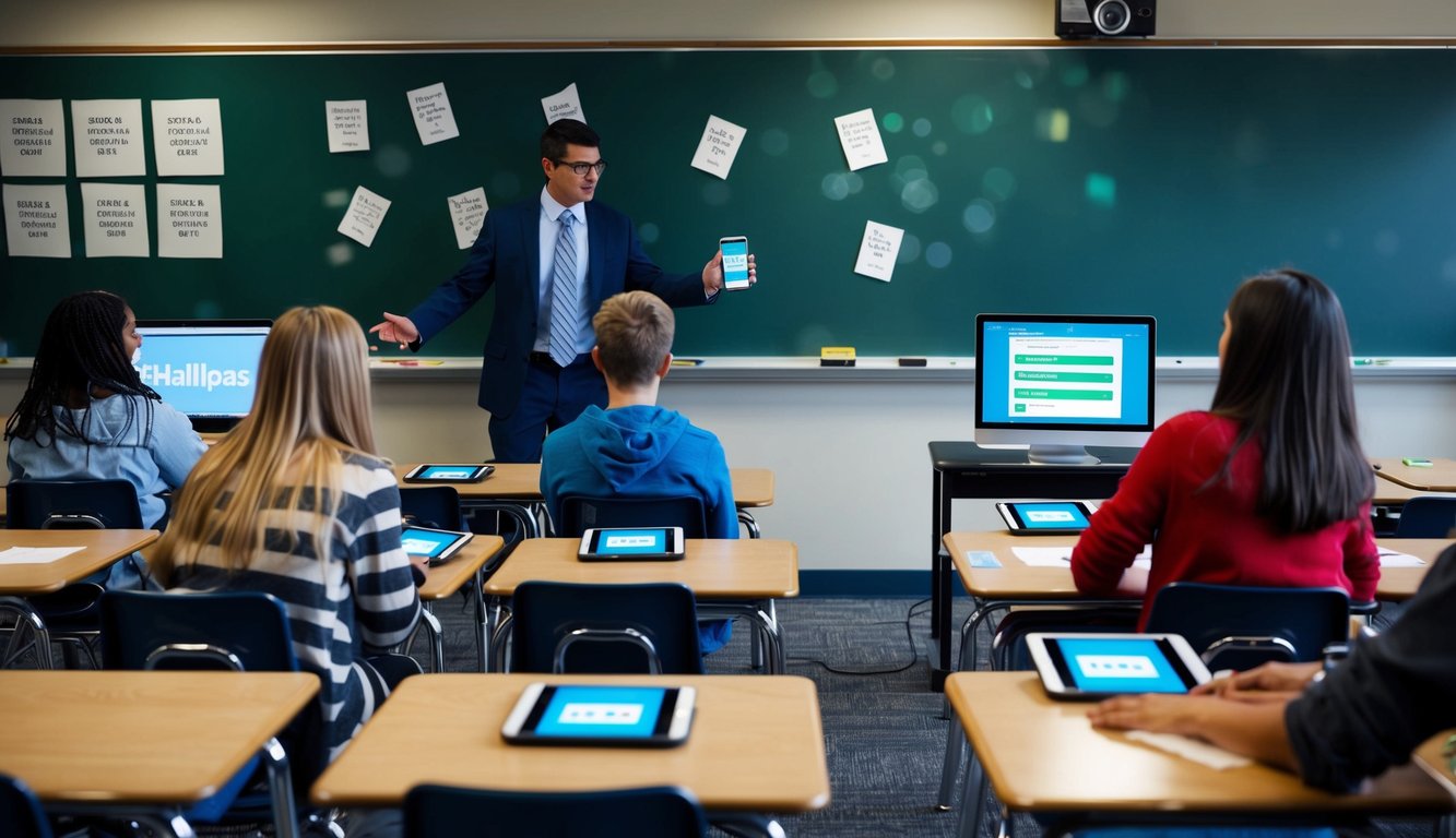 v2 q9c0z ikcsm A classroom with students using electronic hall passes on their devices, while a teacher monitors the eHallpass system on a computer