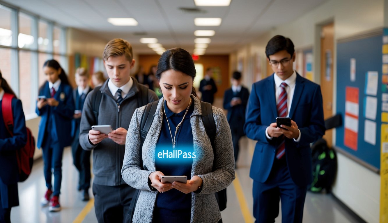v2 q9c19 b49gq A bustling school hallway with students using eHallpass on their devices, teachers monitoring the digital hall pass system