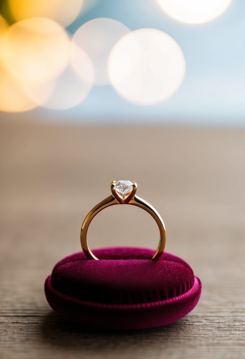A simple gold band with a solitaire diamond engagement ring resting on a velvet cushion