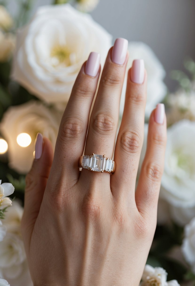 A hand holding a baguette cut 14K gold ring, surrounded by soft lighting and delicate floral accents