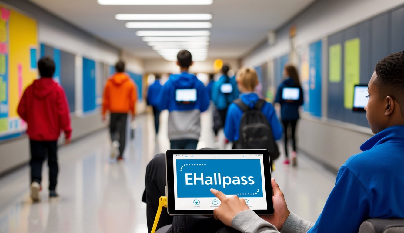 v2 q9c1x rc2fo A modern school hallway with students using eHallpass on their devices, easily navigating the digital system