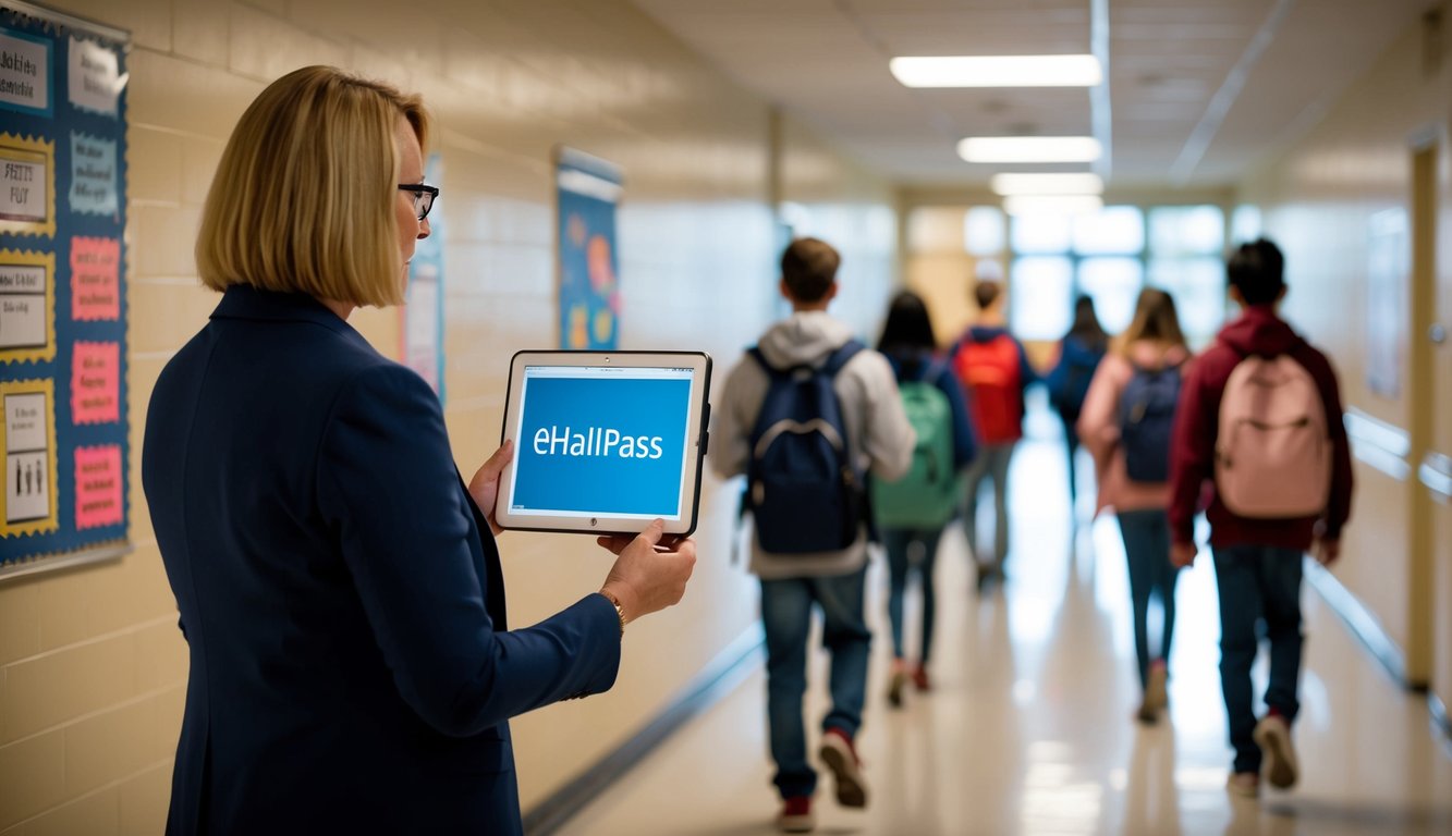 v2 q9c28 tmvl9 A teacher uses eHallpass to monitor students' movements in a school hallway