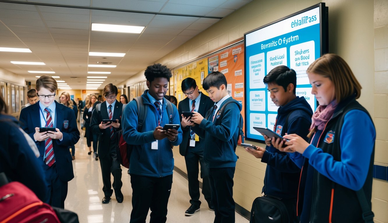 v2 q9c2i dlond A bustling school hallway with students and teachers using eHallpass on their devices, while a large display board showcases the benefits of the system
