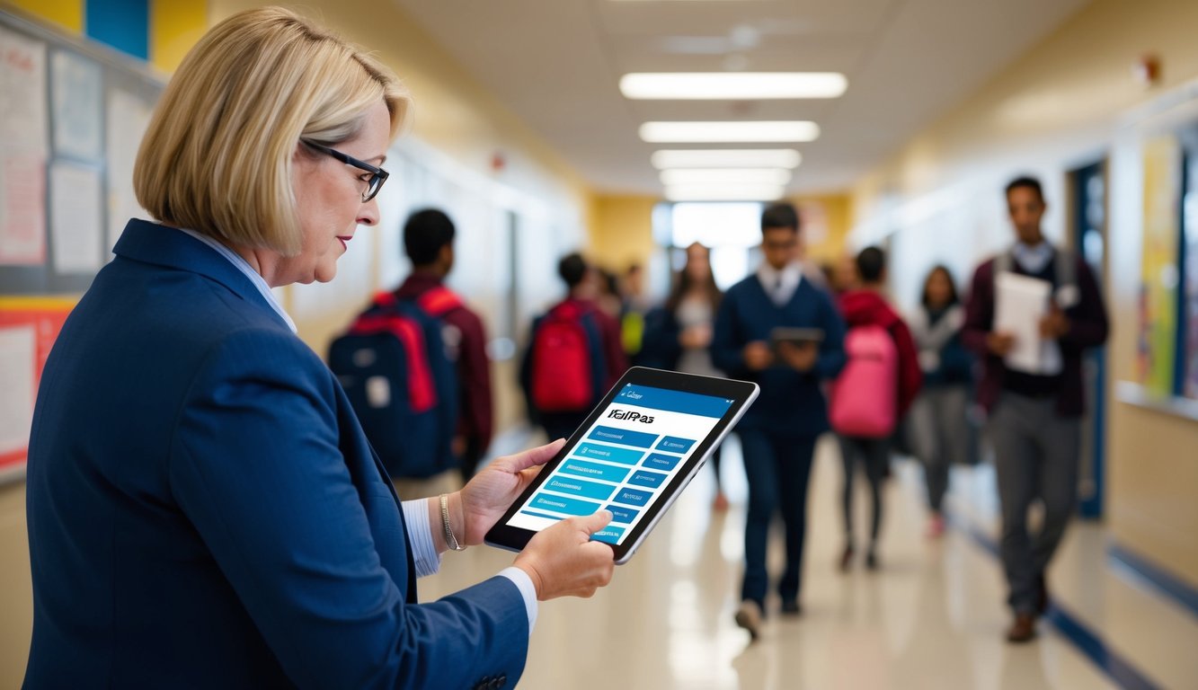 v2 q9c3q 9mzhq A teacher using eHallpass on a tablet to track student attendance in a bustling school hallway