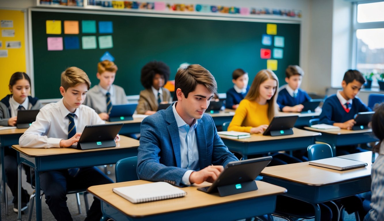 v2 q9c4b u81ju A classroom with students using electronic devices to check in and out of school using eHallpass for attendance tracking