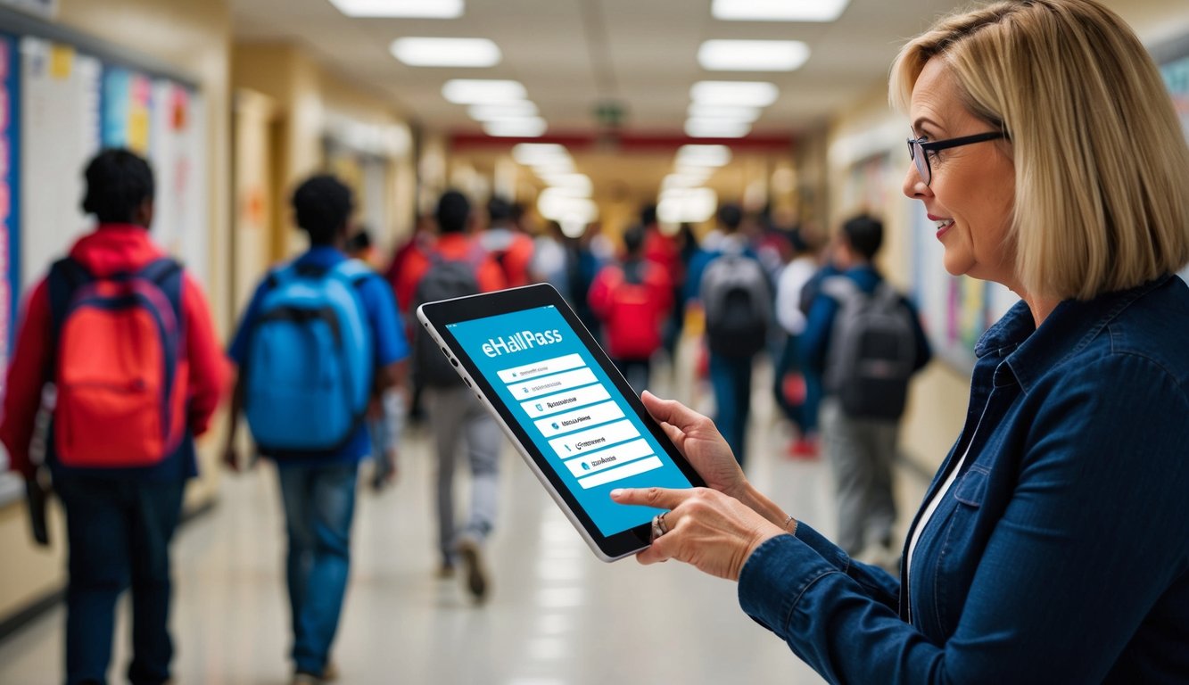 v2 q9c4p zwa7i A teacher using eHallpass on a tablet to track student attendance in a bustling school hallway