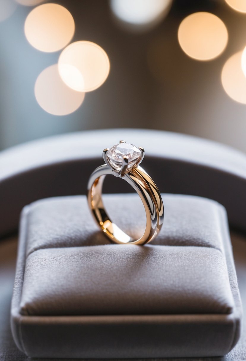 A sleek, two-tone gold and platinum engagement ring displayed on a velvet cushion with soft lighting