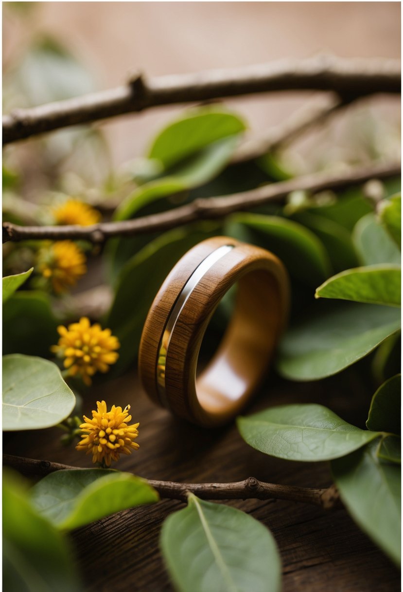 A wooden wedding ring surrounded by natural elements like leaves, flowers, and branches, with a soft, warm light illuminating the scene
