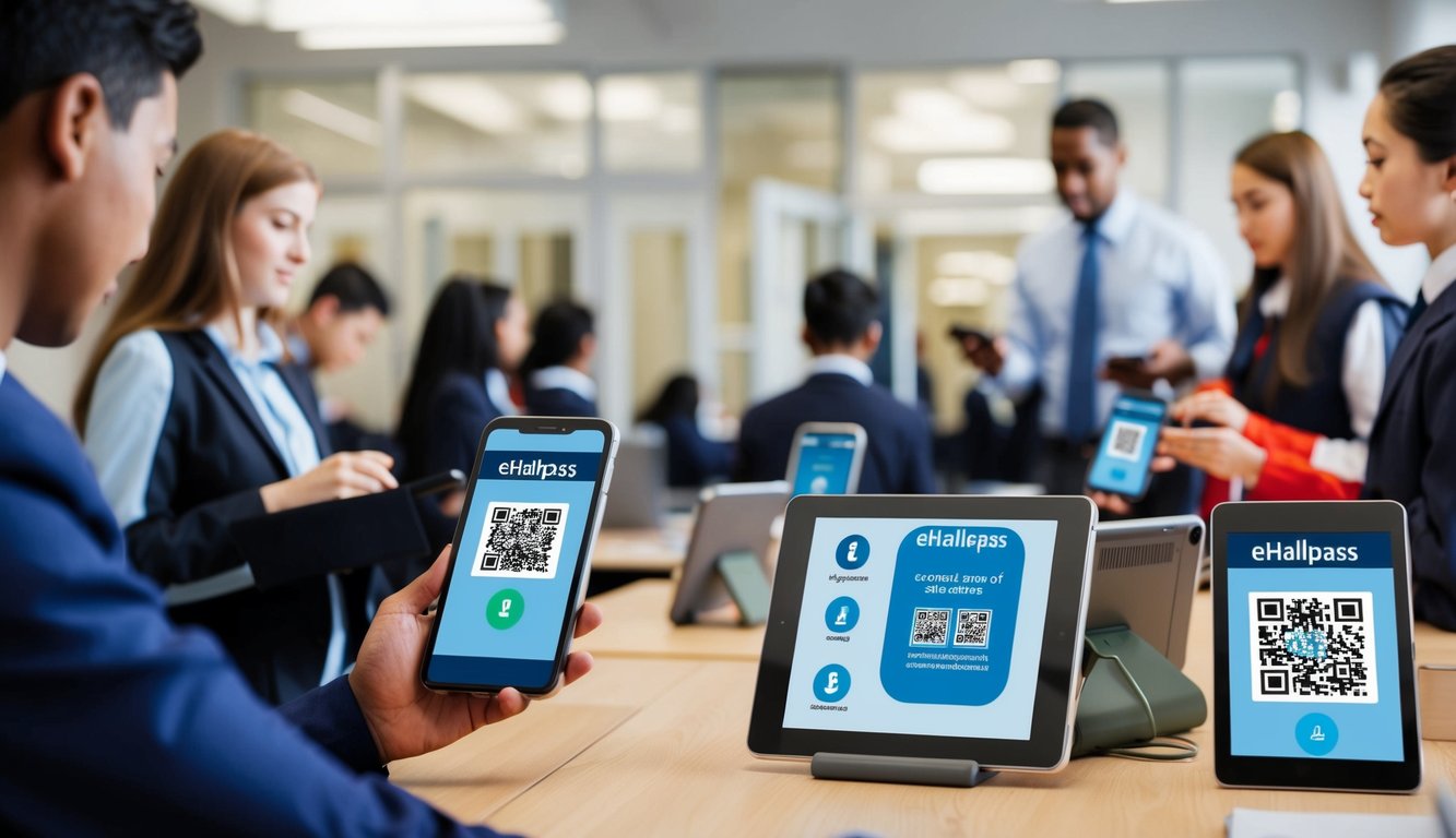 v2 q9c52 wozkf Students using eHallpass on their devices, scanning QR codes at entry points, while teachers monitor attendance and communicate with each other