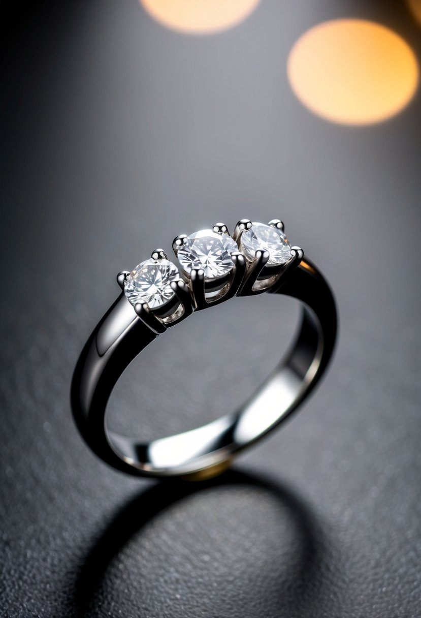 A handcrafted sterling silver ring with three sparkling diamonds set in a sleek and elegant design, catching the light and exuding a sense of timeless beauty