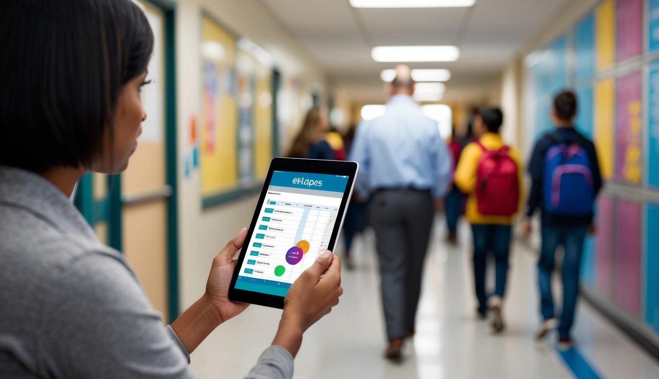 v2 q9c5e 2aama A teacher using eHallpass to track attendance on a tablet in a busy school hallway