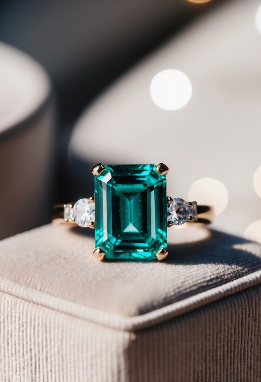 An emerald-cut engagement ring with side stones rests on a velvet cushion, catching the light and casting a sparkling reflection