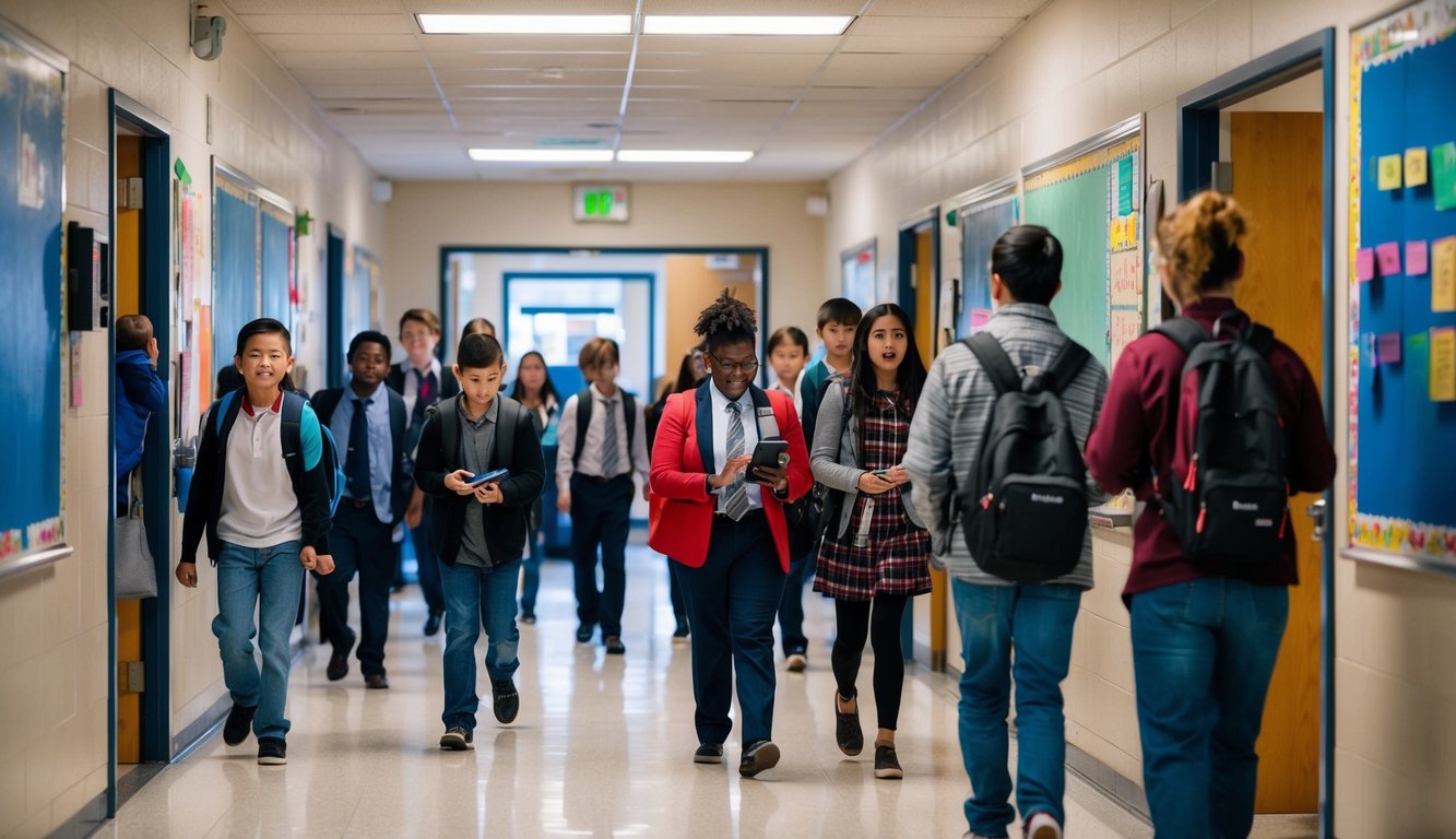v2 q9c5q 9da4q A busy school hallway with students entering and exiting classrooms, while a teacher uses a digital device to track attendance