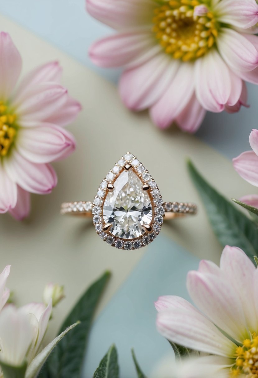 A pear-shaped diamond ring with a halo setting, surrounded by delicate flowers and leaves, set against a soft, pastel background