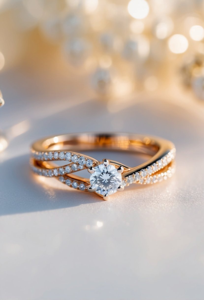 A twisted band engagement ring with pavé diamonds, catching the light in a soft, romantic setting