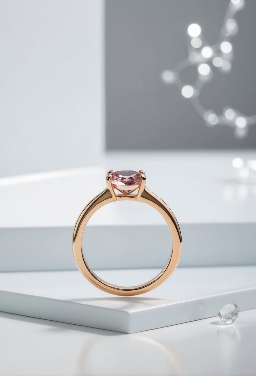 A simple band with a round morganite stone set in a sleek, modern setting, surrounded by a clean, minimalist backdrop