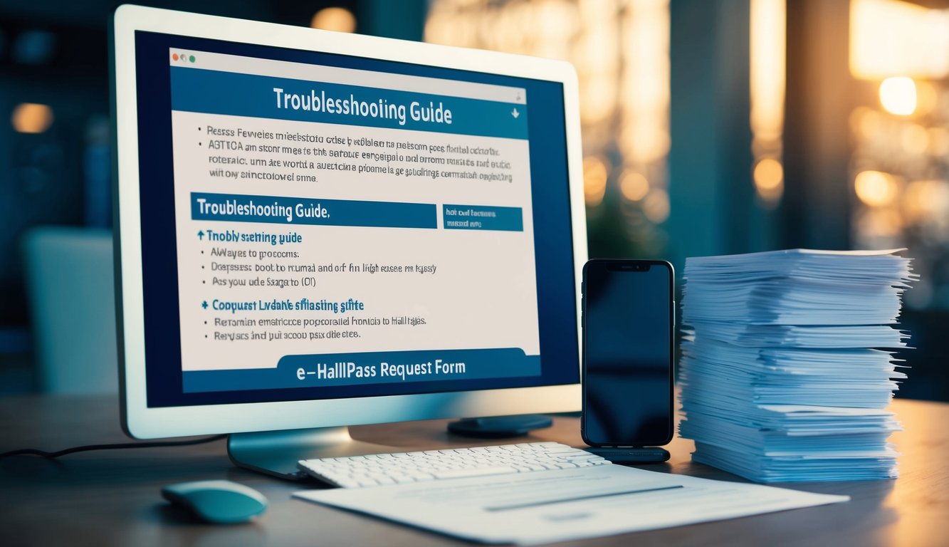 v2 q9c7x 29509 A computer screen displaying a troubleshooting guide, with a smartphone and a stack of eHallpass request forms next to it