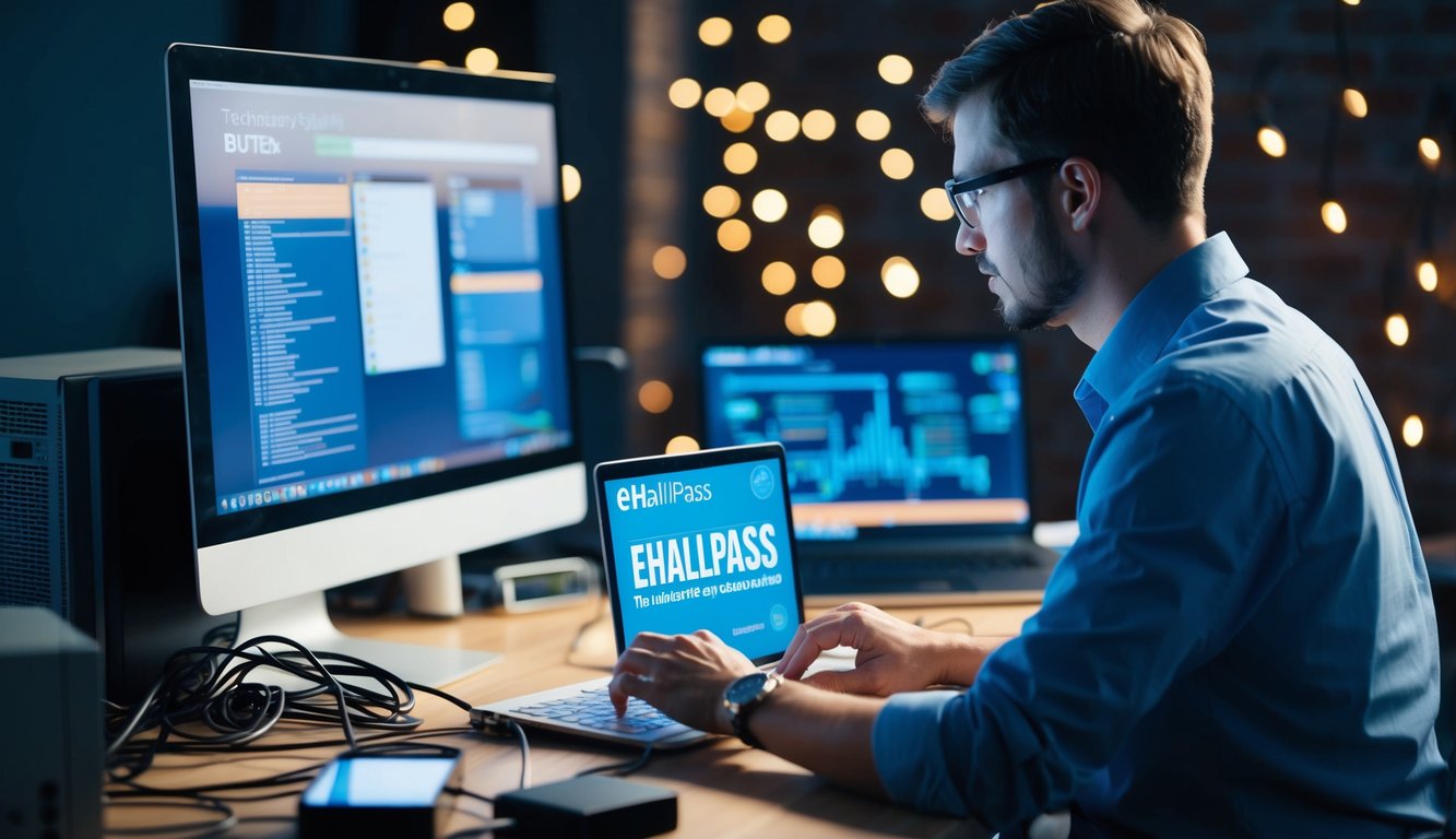 v2 q9c8u 6g3uo A person using a computer to troubleshoot technical issues with eHallpass, surrounded by various electronic devices and cables