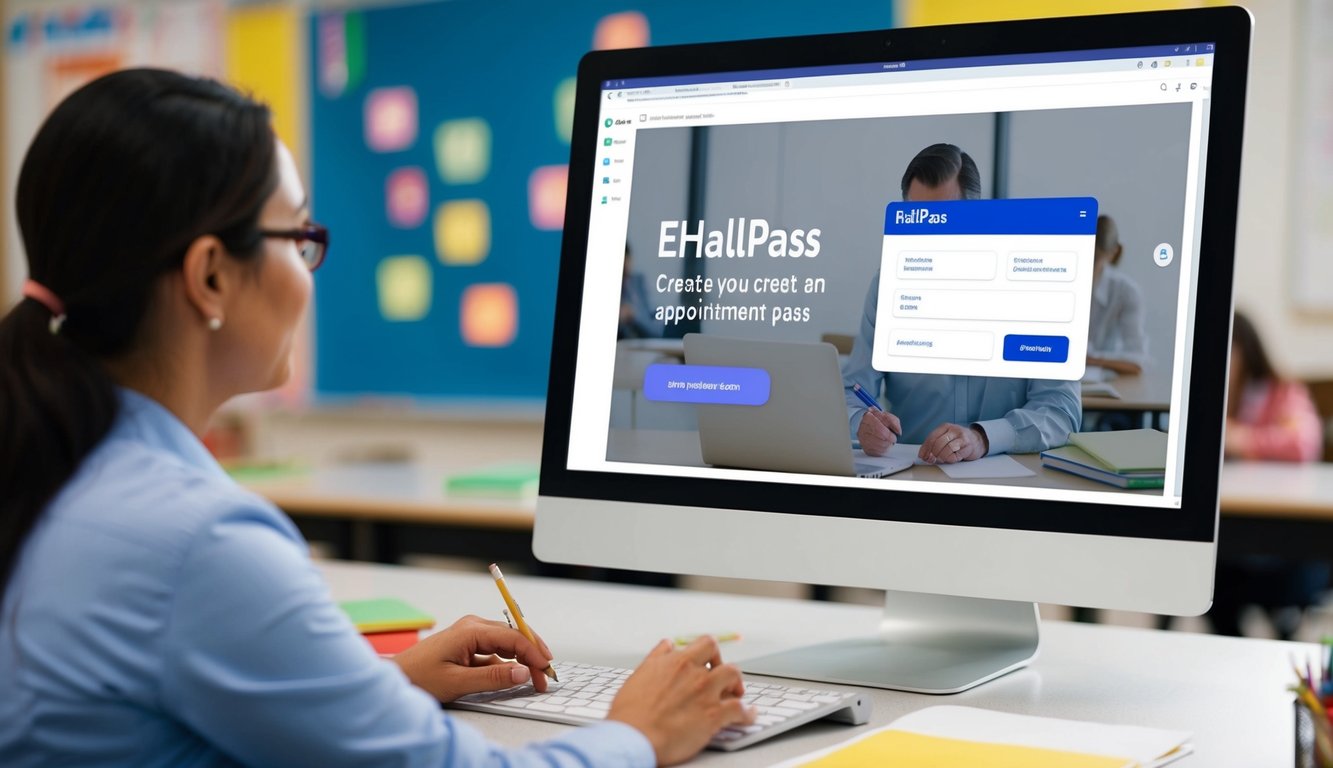 v2 q9can l6s07 A teacher using a computer to create an appointment pass on the eHallpass platform, with the eHallpass interface displayed on the screen