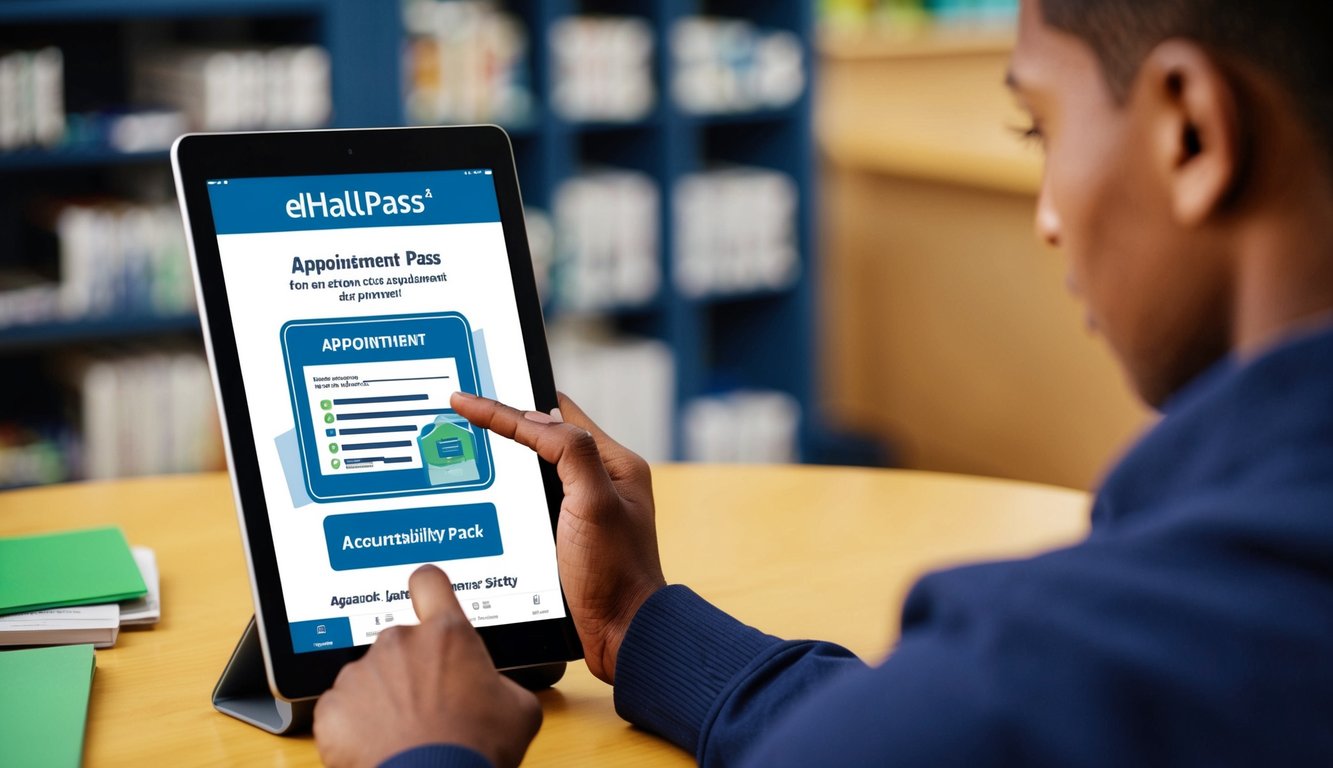 v2 q9cbd b2rgo A student using a tablet to create an appointment pass on the eHallpass app, with features for accountability and safety