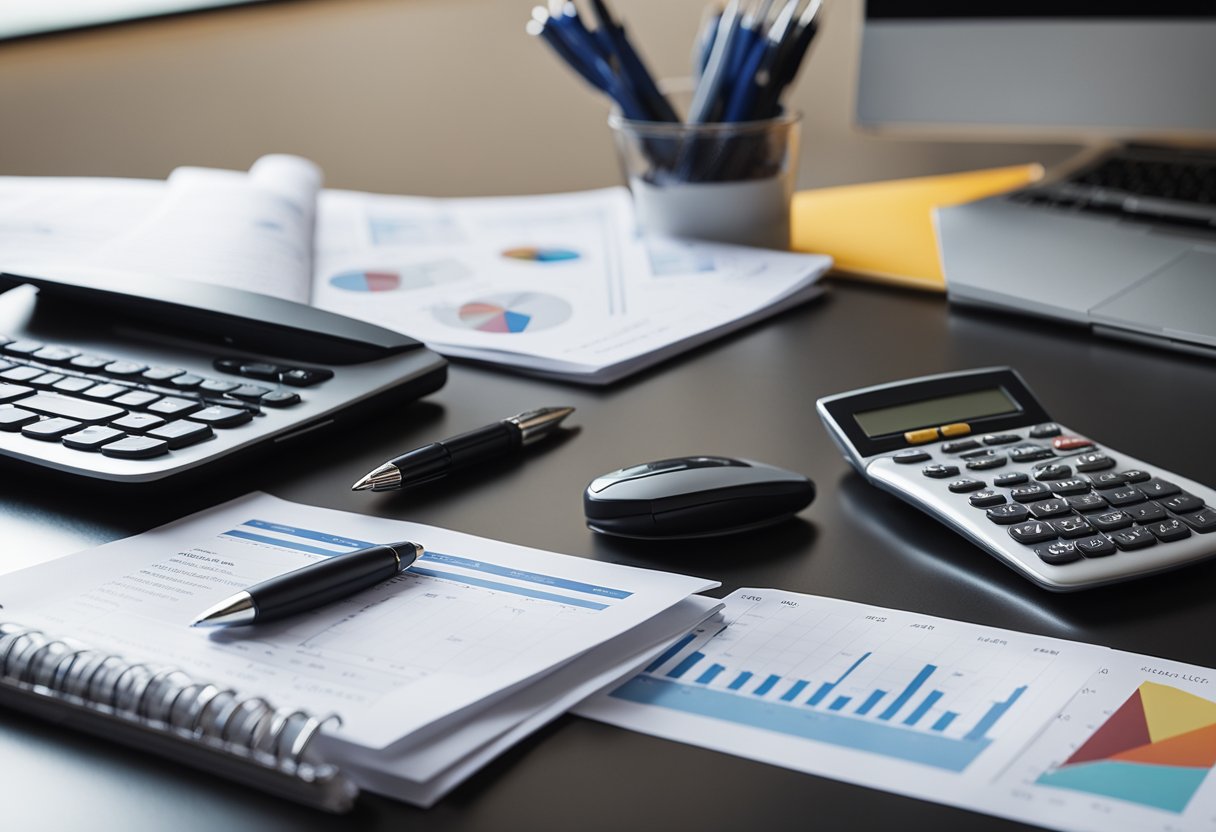 A desk with a laptop, calculator, and paperwork, surrounded by charts and graphs. A pen is poised to make notes