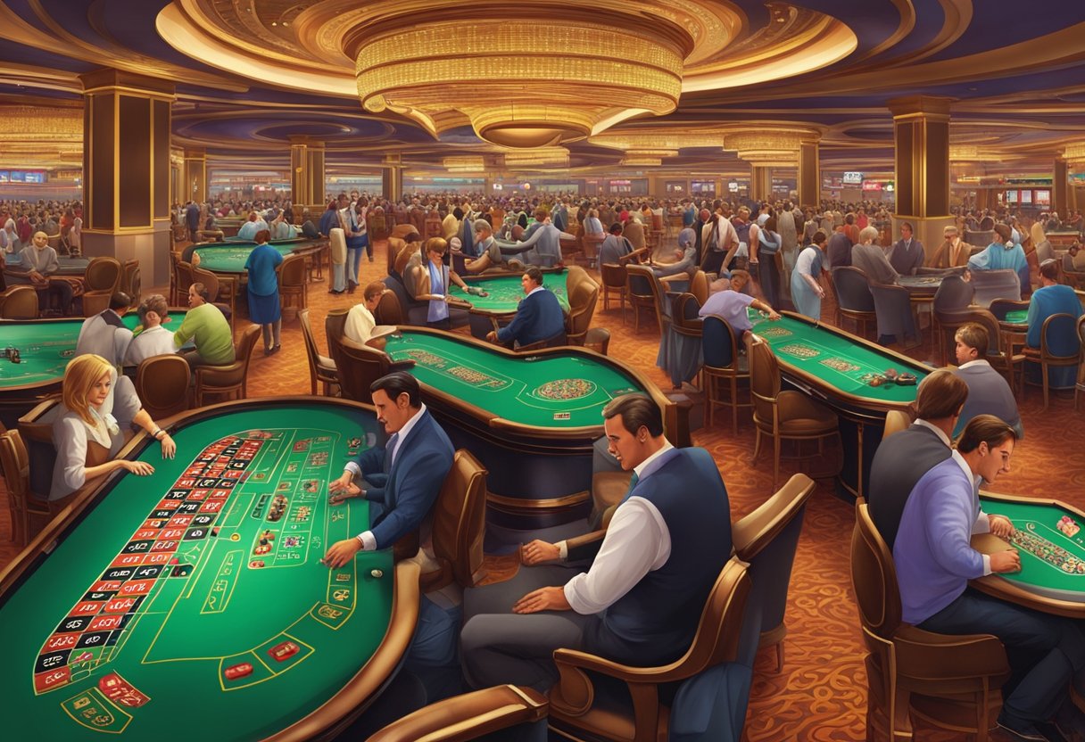 A bustling casino floor in a lavish resort, filled with lively slot machines, card tables, and roulette wheels. Patrons from around the world enjoy the vibrant atmosphere