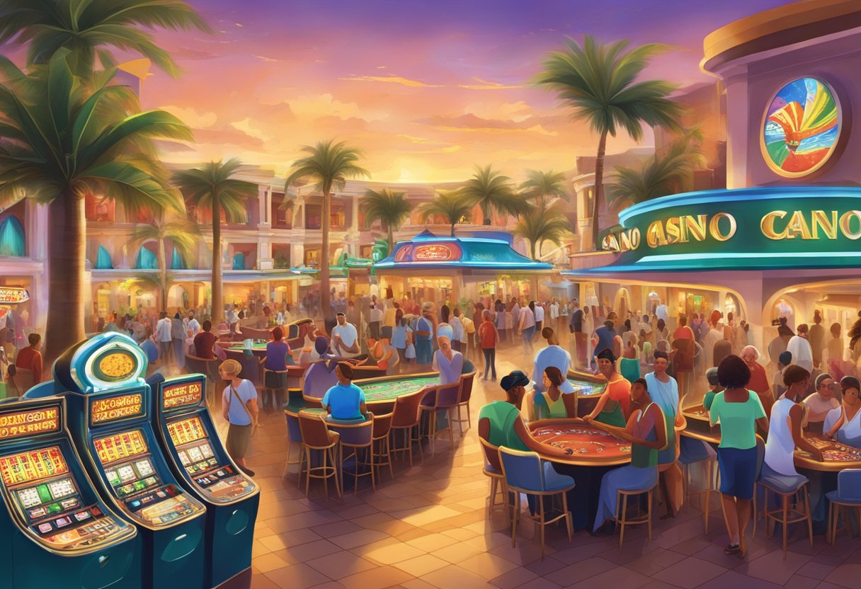 A bustling casino in Curaçao, with colorful slot machines and lively card tables, surrounded by tourists and locals enjoying the vibrant gambling atmosphere