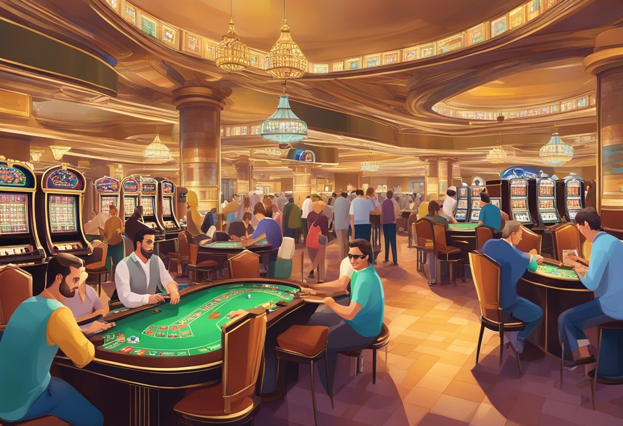 A bustling casino in Malta, with colorful slot machines and lively card tables, surrounded by tourists and locals enjoying the vibrant gambling scene